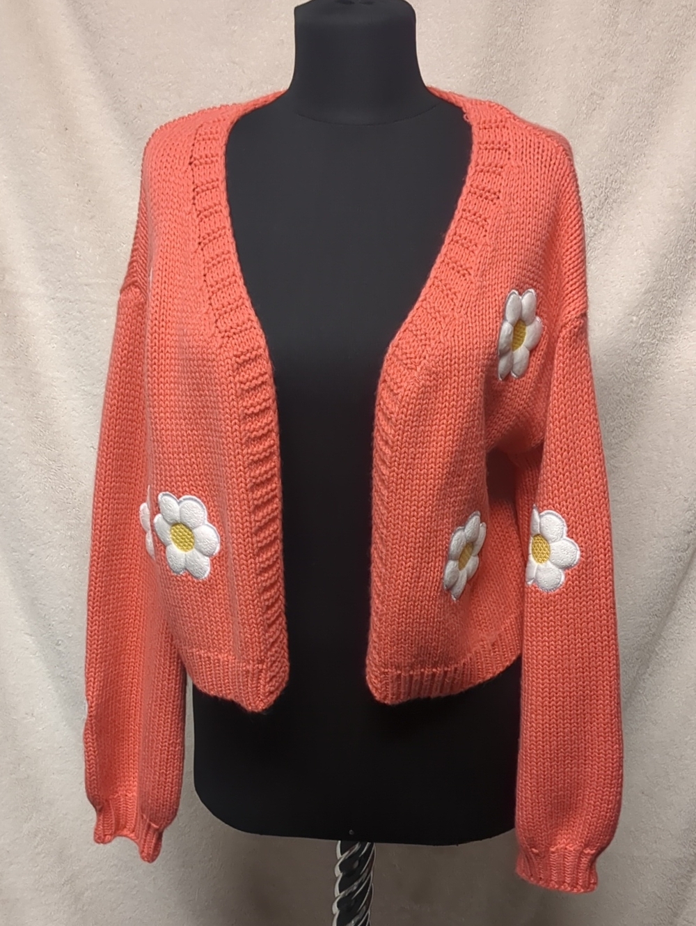 SHEIN Coral Open Knit Cardigan with Daisy Appliqués